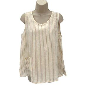 NWOT Flax Womens Beige & Yellow Striped Sleeveless 100% Linen Blouse Small